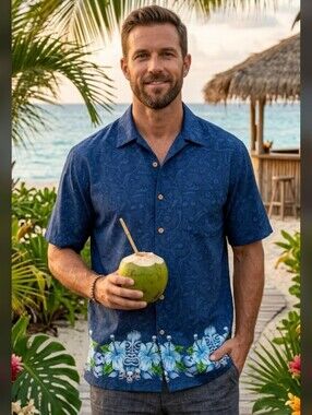 Men's Navy Short-Sleeve Button Down Shirt with Floral & Tiki Border